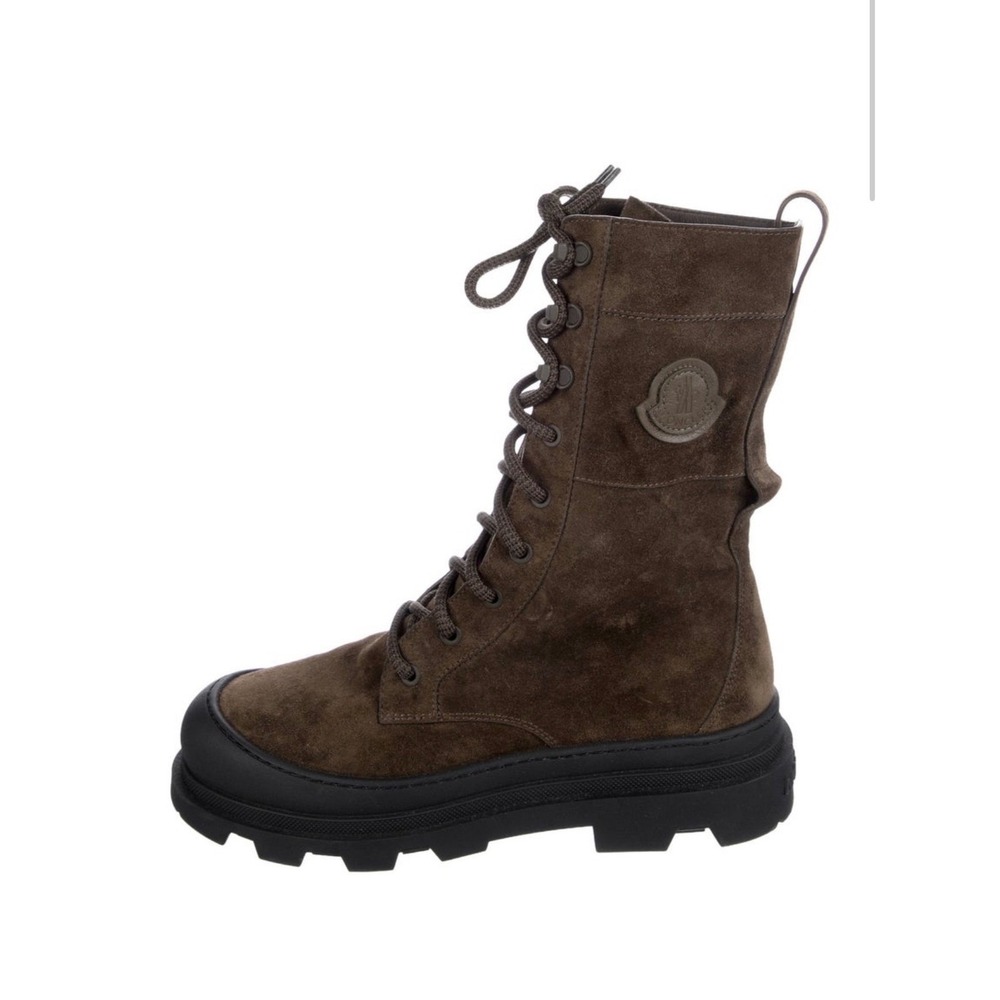 Moncler Vera High Suede Combat Boots Olive Brown Lug Sole 4F00150 Size 40